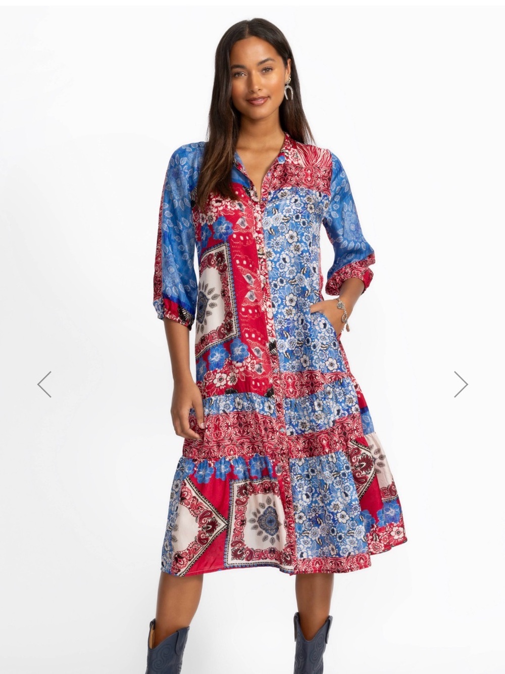 Johnny Was Cornelia dress Red & Blue 100% Silk Dress